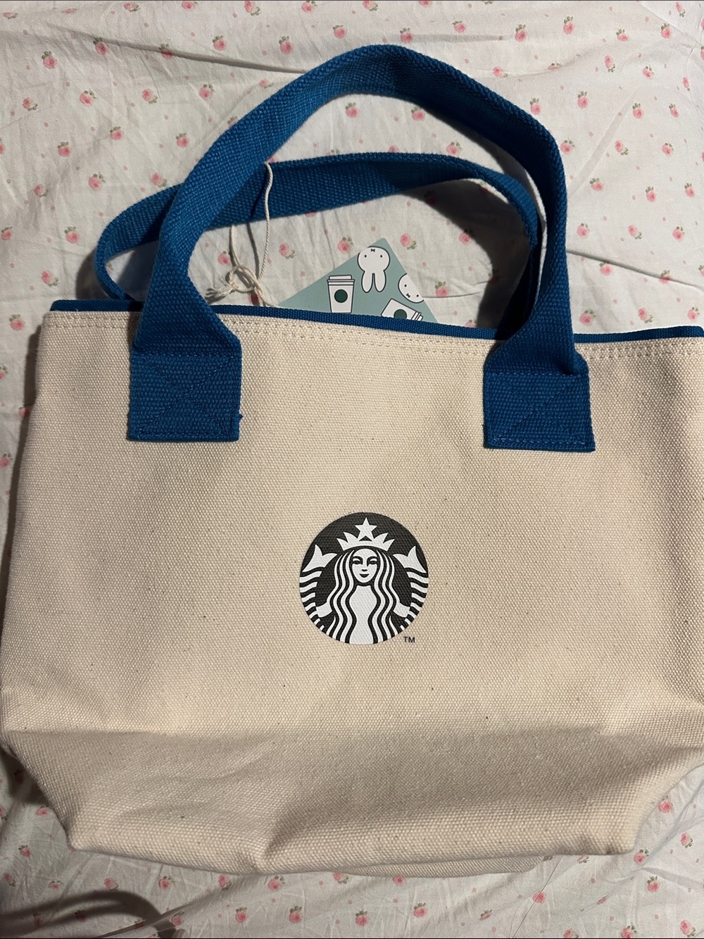 Starbucks x miffy Cream Tote with Blue Handles and Green Accents - Picture 2 of 4